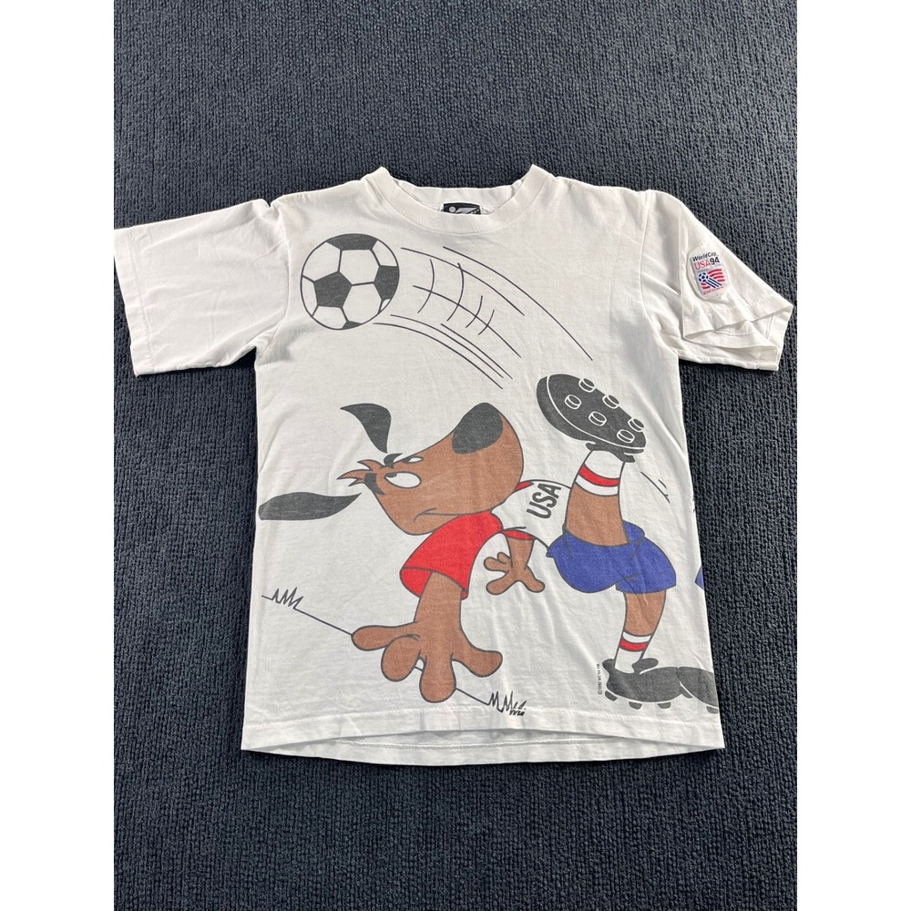 Vintage 1990s World Cup USA‎ 94 Striker Mascot T-Shirt XS White Football Cartoon